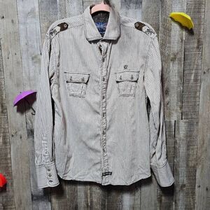 English Laundry Vintage Y2K Brown and White Pinstripe Embroidered Button Down Sh